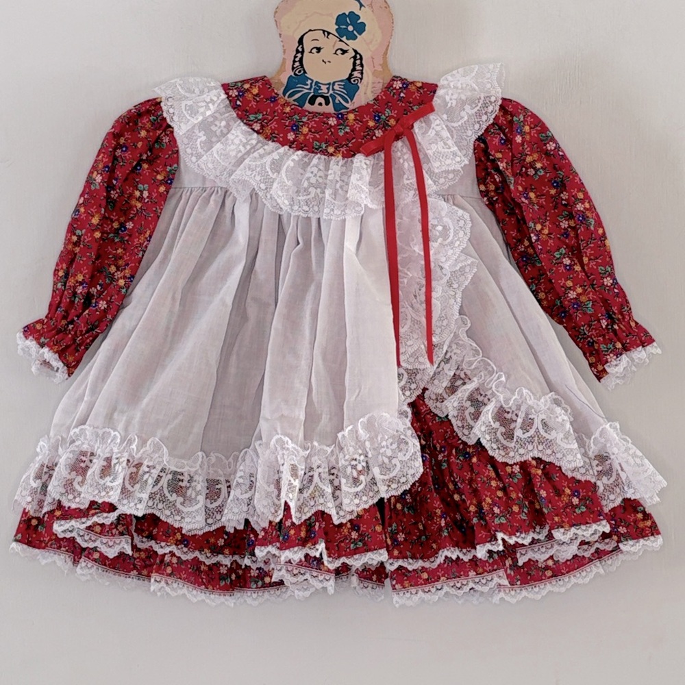 Vintage Mini World red floral circle dress with white pinafore w/lace Sz 9 mth